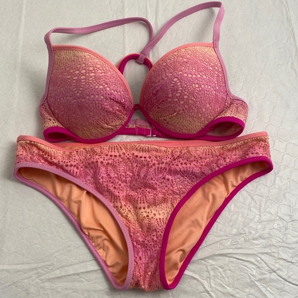 Victoria’s Secret pink purple coral ombré crochet bikini 34D M - Picture 5 of 16